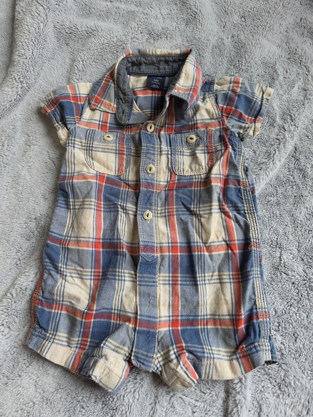 GAP Plaid Short-Sleeve Romper in Blue, Red, Cream